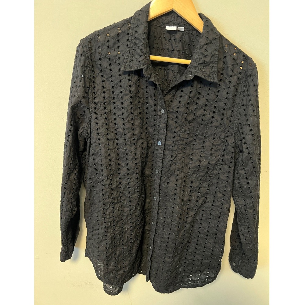 GAP Eyelet Button Down Shirt Womens L Black Pre-owned Long Sleeve Cotton